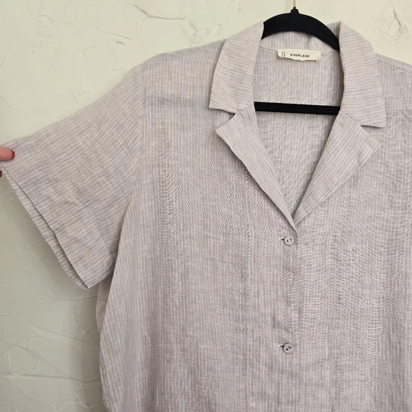 EVERLANE Linen Tan White Striped Button Up Short Sleeve Top, L - Picture 3 of 11